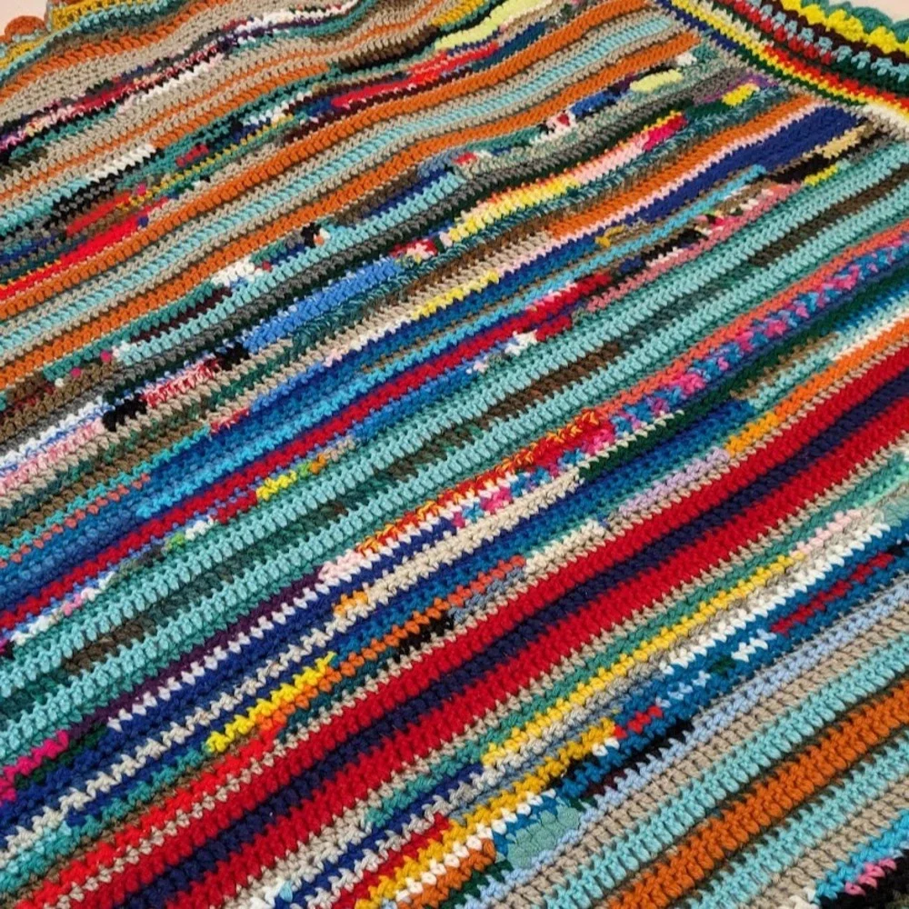 Handmade Crochet Scrap Yarn Blanket Multi Color Boho Striped Throw Scallop Edge